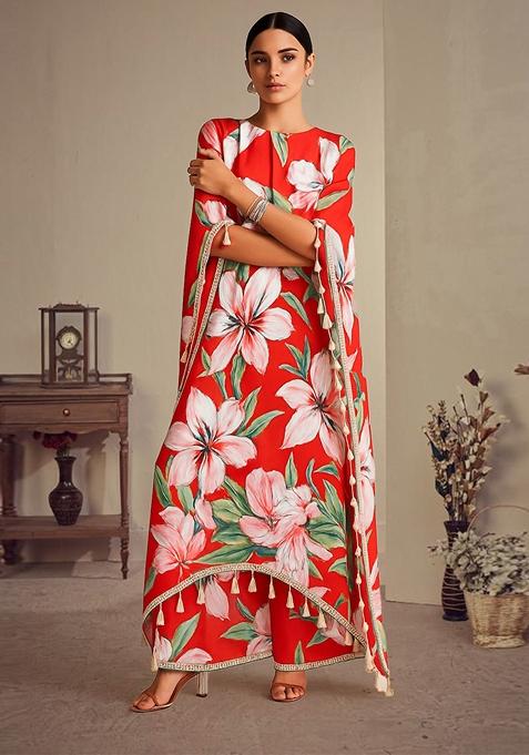Red Printed Satin Kurta Set
