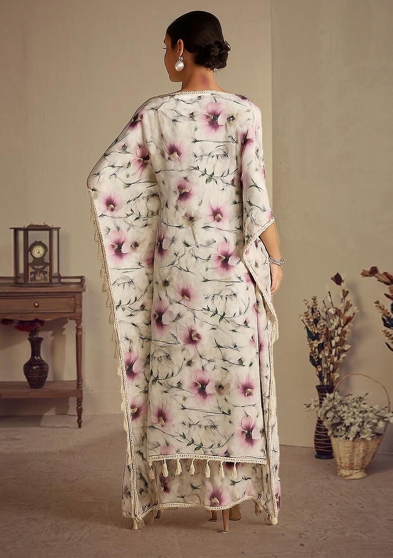White Printed Satin Kurta Set - Indya