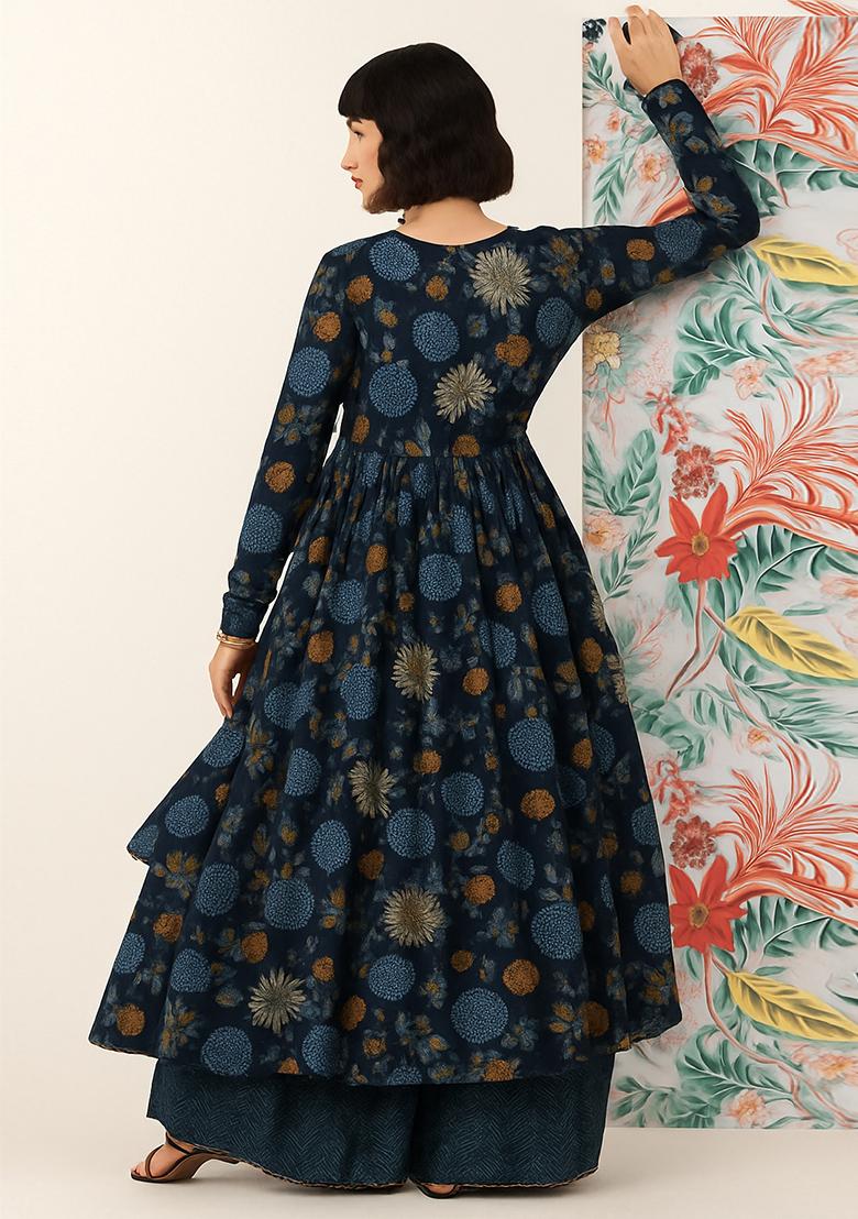 Blue Printed Chiffon Kurta Set - Indya