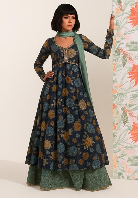 Blue Printed Chiffon Kurta Set