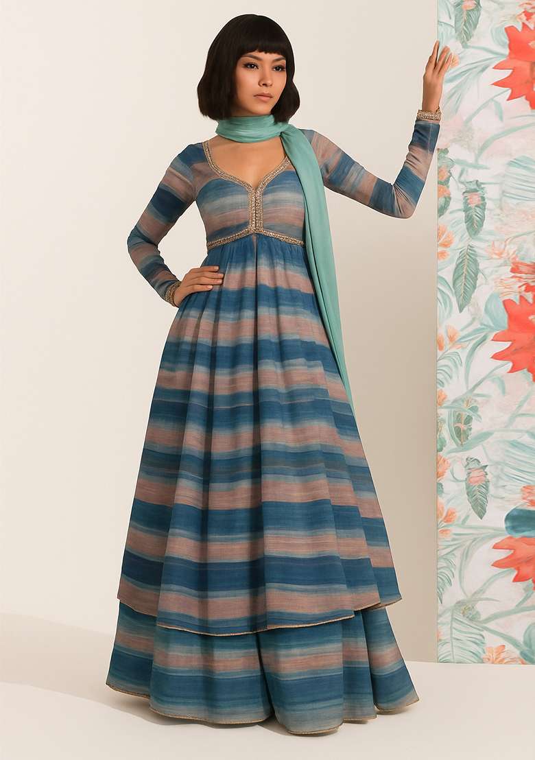 Multicolor Striped Chiffon Anarkali Set - Indya
