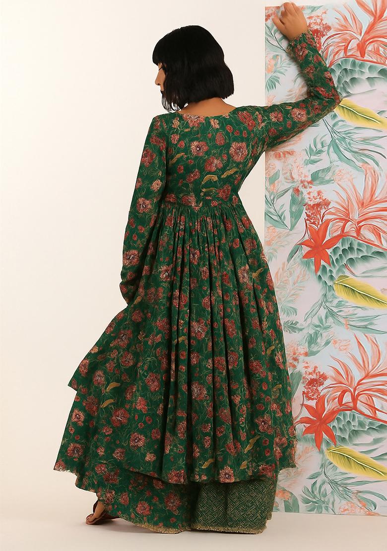Green Printed Chiffon Kurta Set - Indya