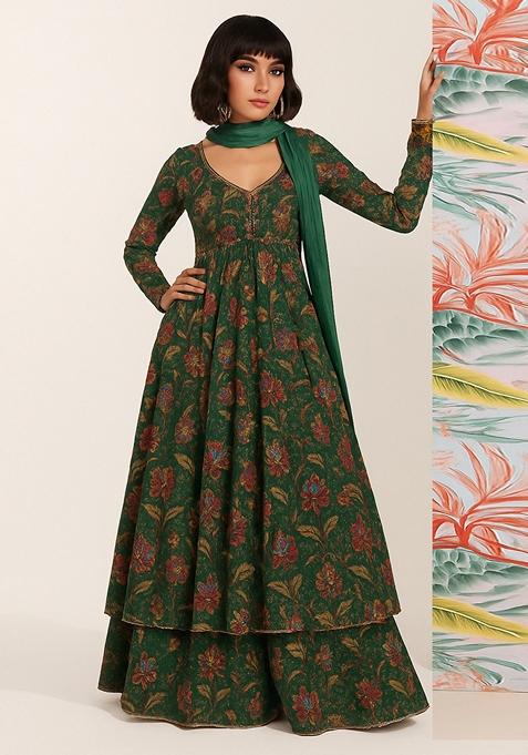 Green Printed Chiffon Kurta Set