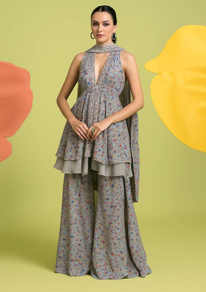 Multicolor Floral Print Chiffon Sharara Set - Indya