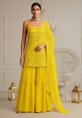 Yellow Embroidered Georgette Kurta Set