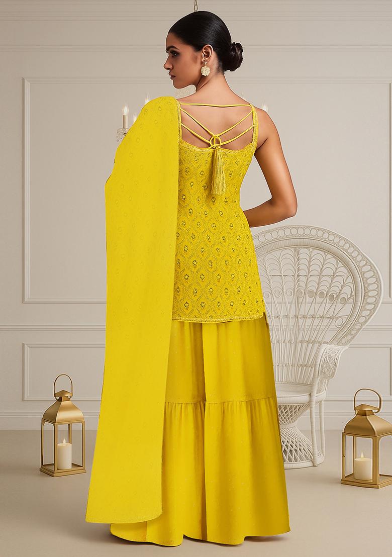 Yellow Embroidered Georgette Kurta Set - Indya