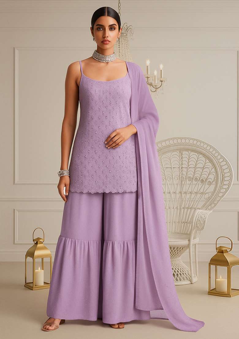 Purple Chikankari Georgette Sharara Set - Indya