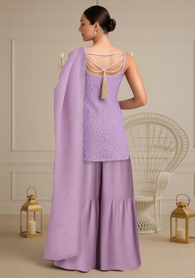 Purple Embroidered Georgette Kurta Set - Indya
