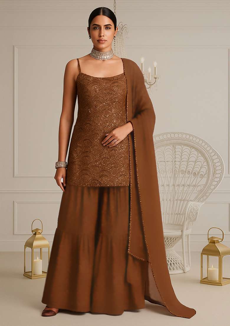 Brown Embroidered Georgette Sharara Set - Indya