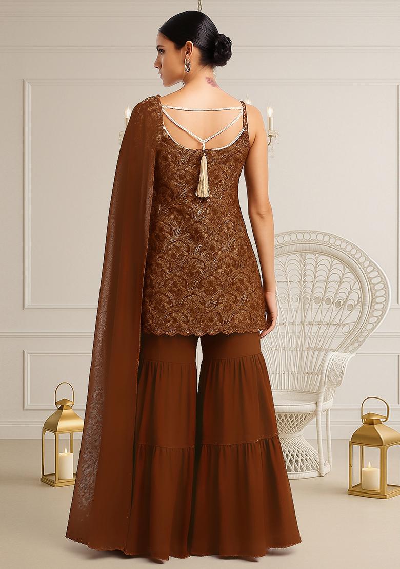 Brown Sequin Embroidered Georgette Kurta Set - Indya