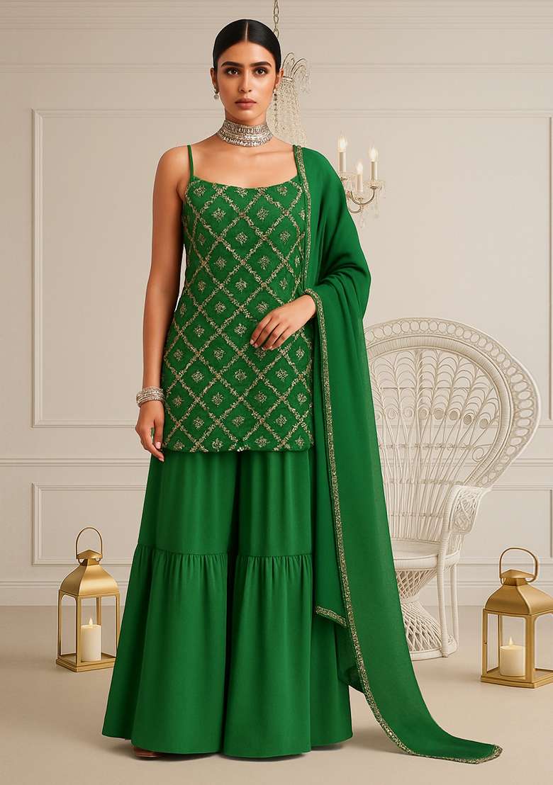 Green Embroidered Georgette Sharara Set - Indya