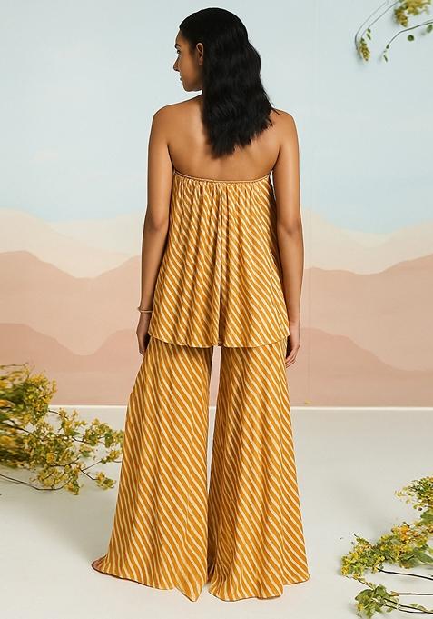 Yellow And White Printed Georgette Short Kurta With Pallazo Set