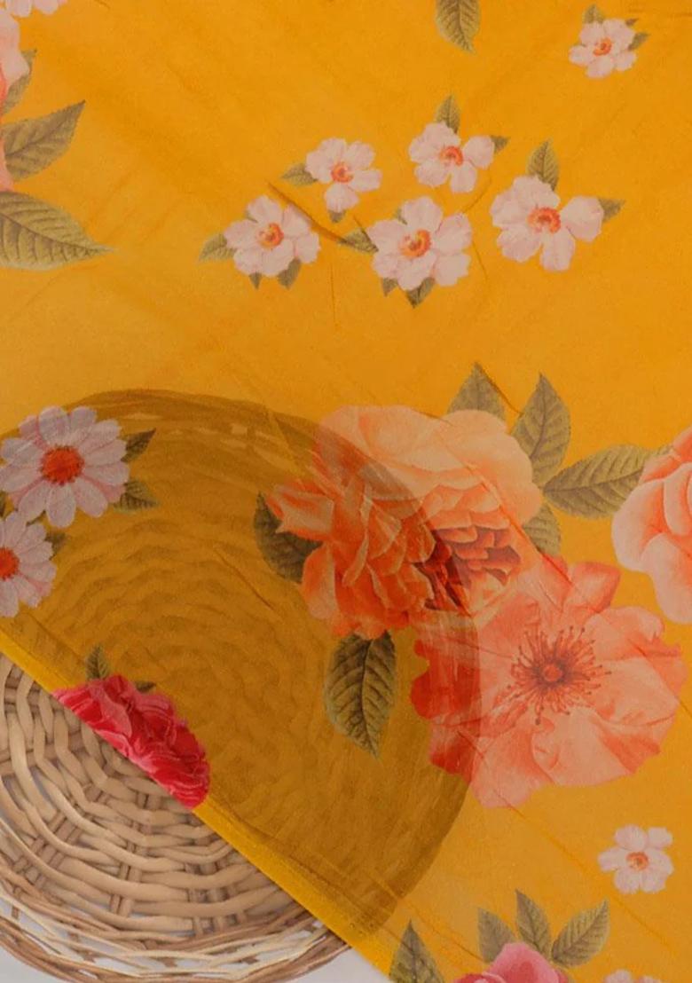 Yellow Printed Georgette Kurta Set - Indya