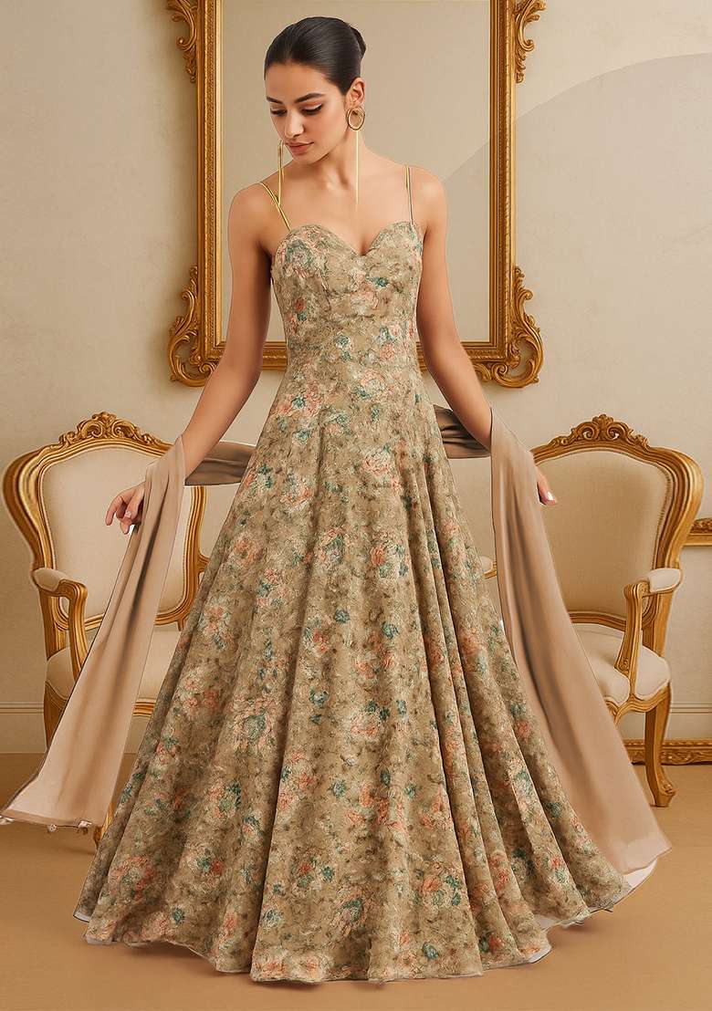 Peach Printed Georgette Anarkali Set - Indya