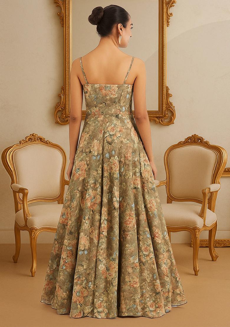 Peach Printed Georgette Anarkali Set - Indya