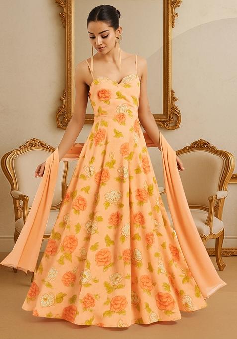 Pink Printed Georgette Anarkali Set