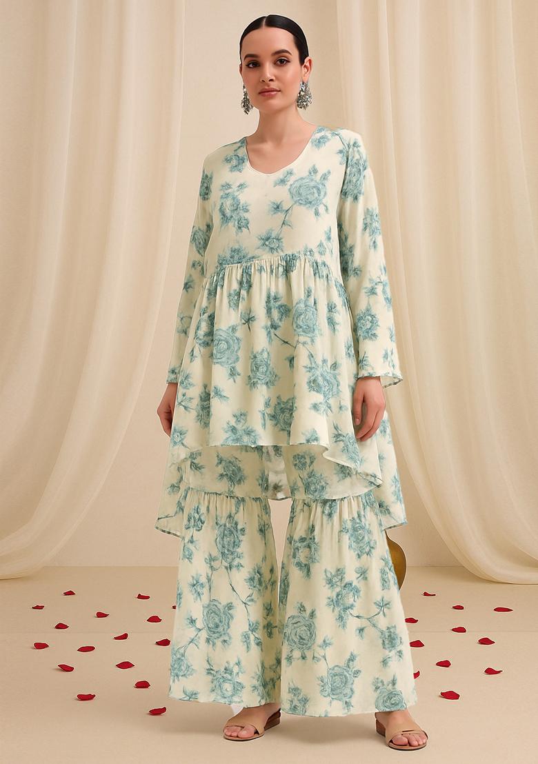 White Printed Georgette Sharara Set