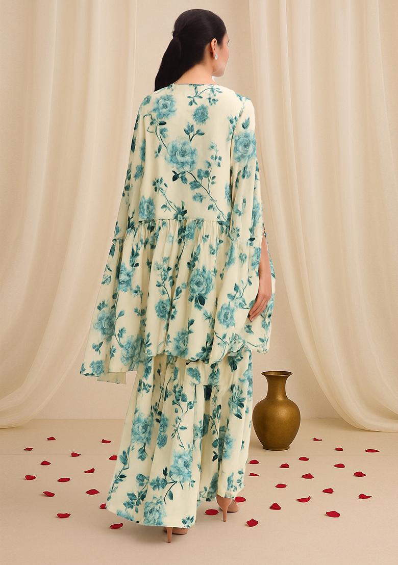 White Printed Georgette Sharara Set - Indya