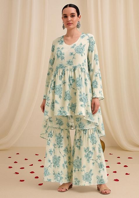 White Printed Georgette Sharara Set