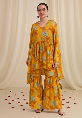 Yellow Printed Georgette Sharara Set