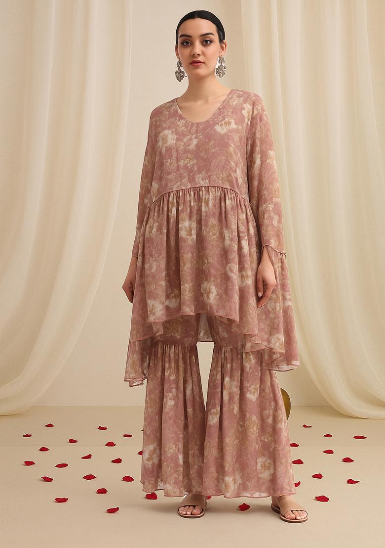 Purple Printed Georgette Sharara Set - Indya