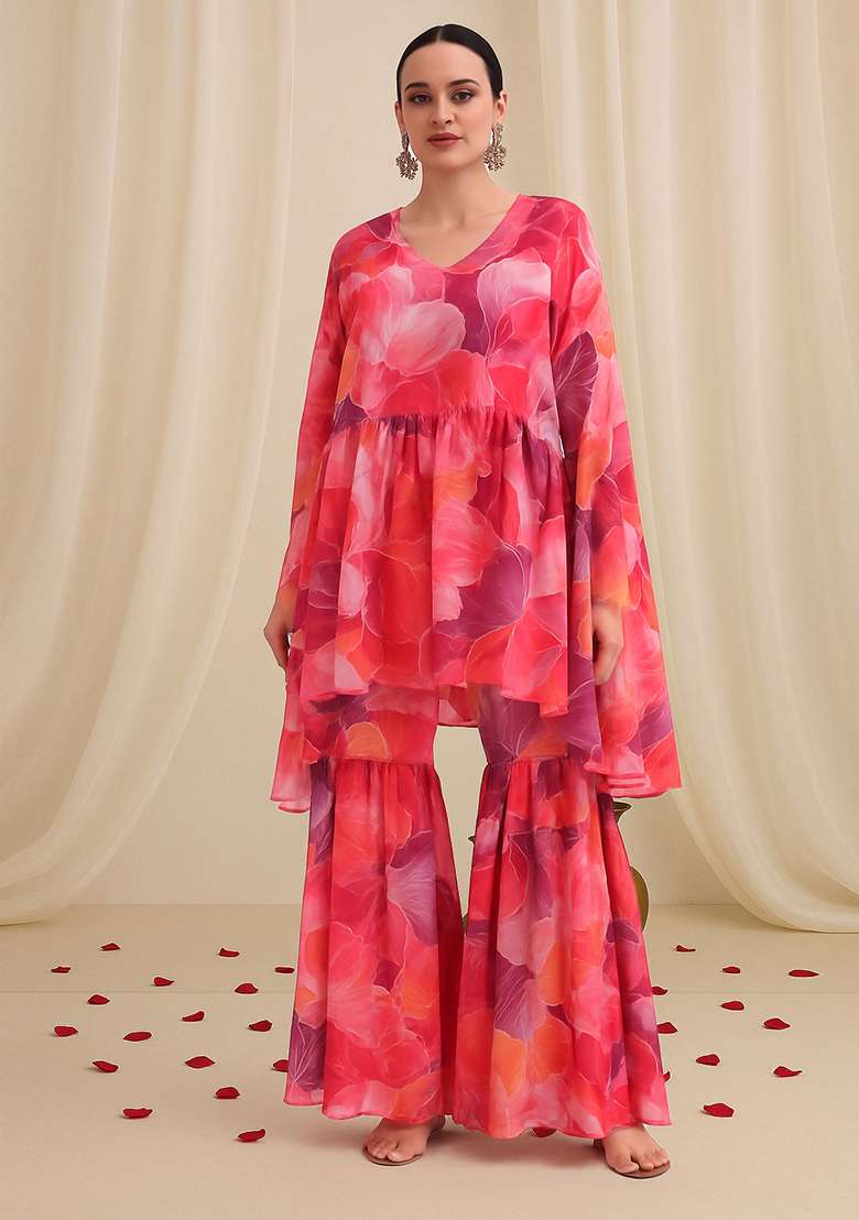 Multicolor Printed Georgette Sharara Set - Indya