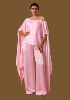 Pink Solid Satin Kaftan Set