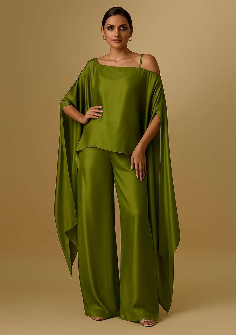 Olive Solid Satin Co Ord Set - Indya