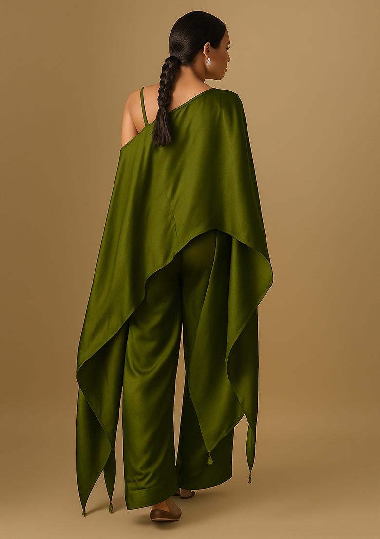 Olive Solid Satin Kaftan Set - Indya
