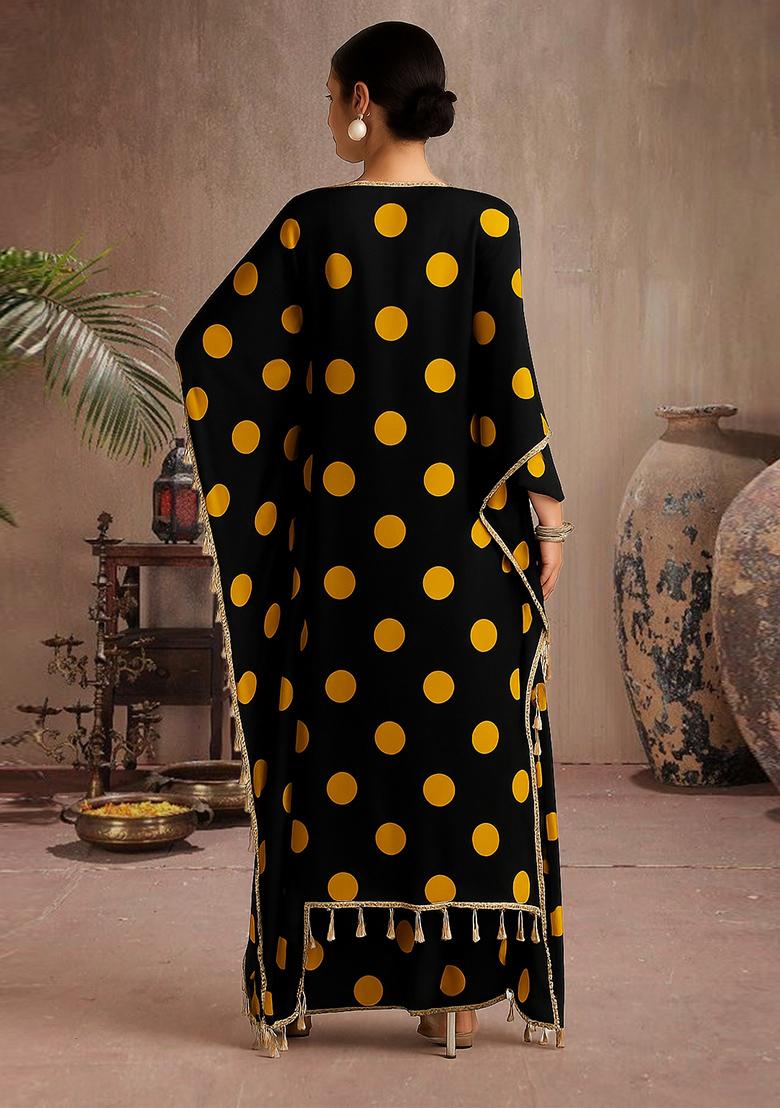 Black Printed Satin Kaftan Set - Indya