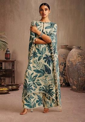 White Floral Print Satin Straight Kurta Set