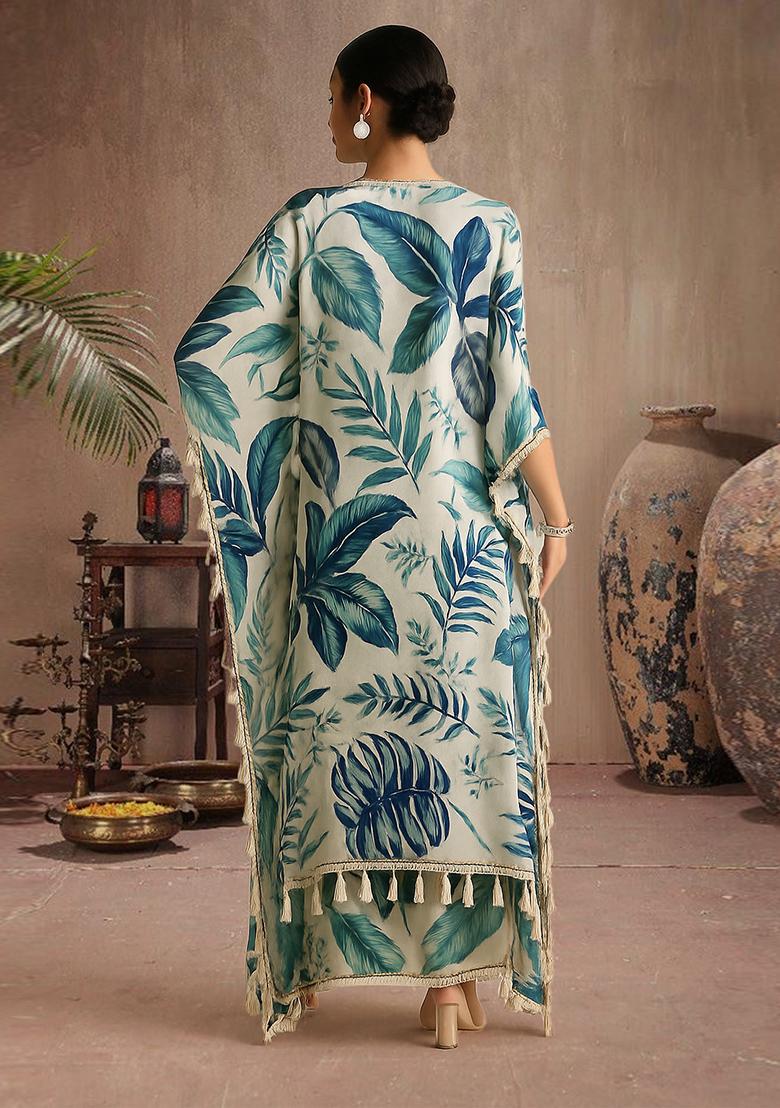 White Printed Satin Kaftan Set - Indya