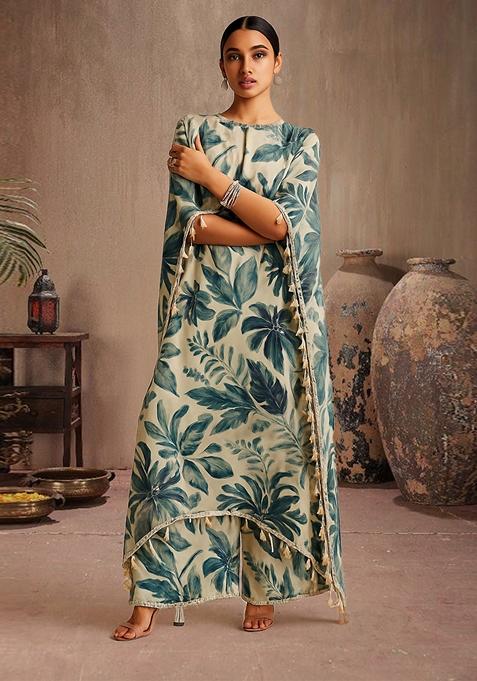 White Floral Print Satin Straight Kurta Set