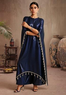 Blue Embellished Satin Kaftan Set