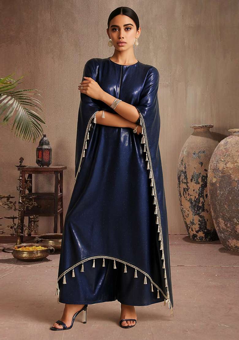 Blue Solid Satin Straight Kurta Set - Indya