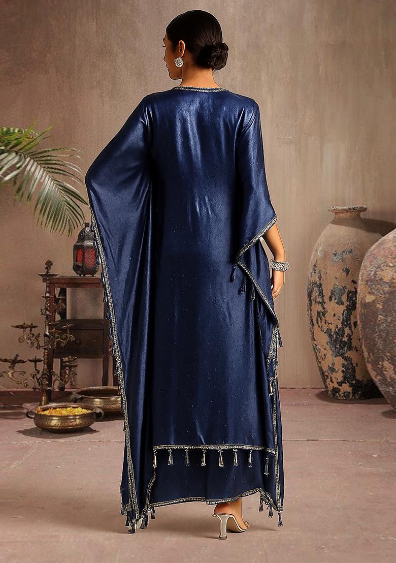 Blue Embellished Satin Kaftan Set - Indya