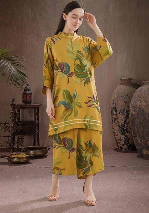 Brown Floral Print Satin Co Ord Set