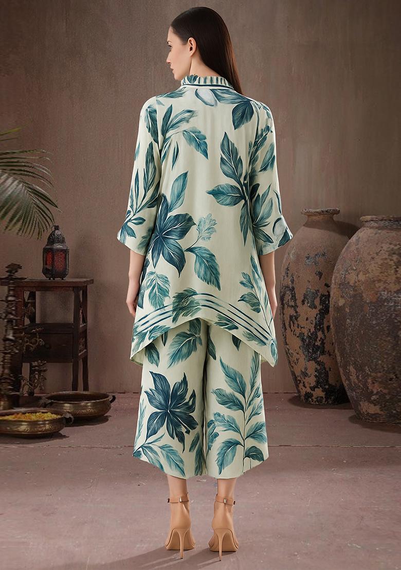 White Printed Satin Kaftan Set - Indya