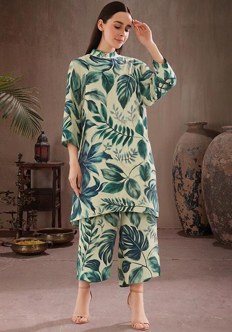 White Printed Satin Co Ord Set