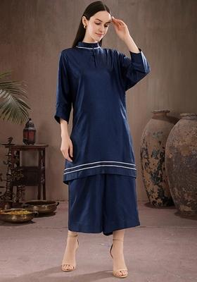 Blue Embellished Satin Kaftan Set