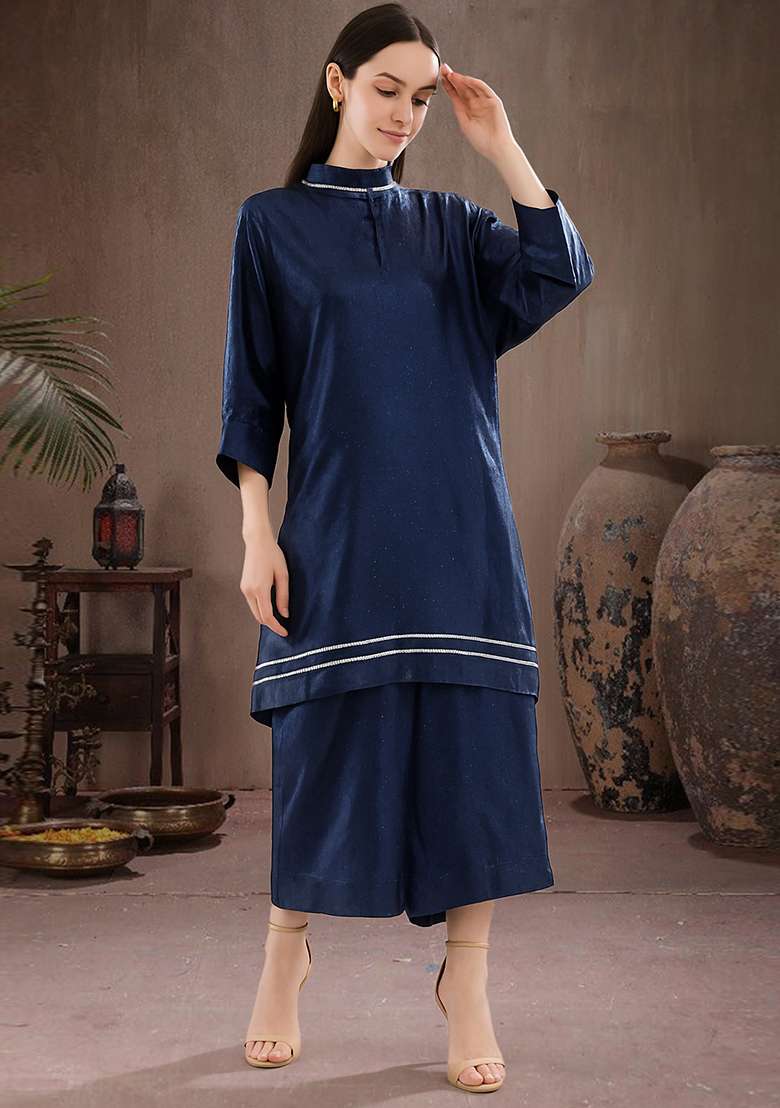 Blue Solid Satin Co Ord Set - Indya