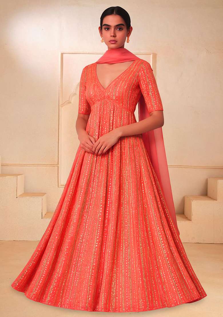 Peach Embroidered Chinon Anarkali Set - Indya
