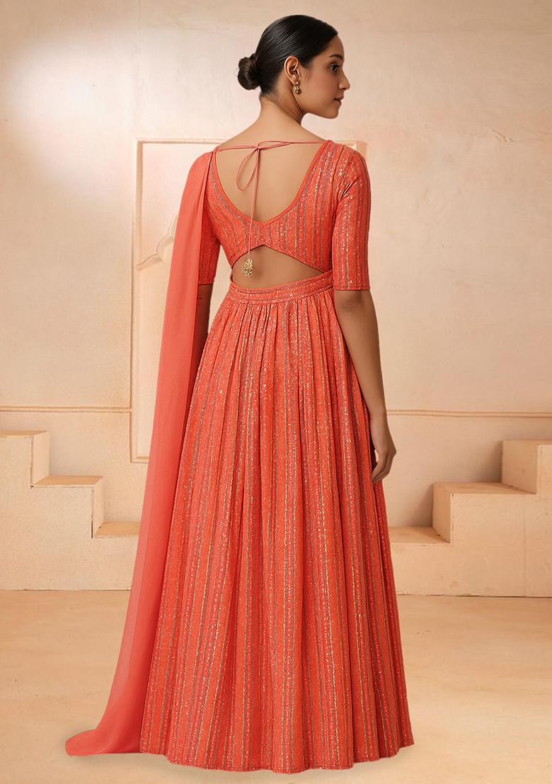 Peach Embroidered Chinon Anarkali Set - Indya