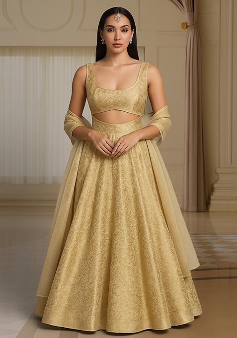 Golden Embroidered  Brocade Kurta Set