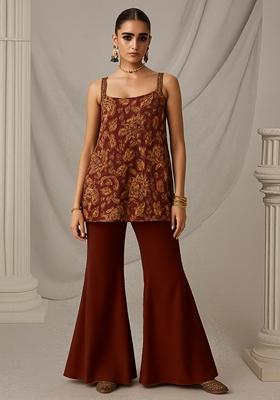 Maroon Printed Velvet Kurta Set