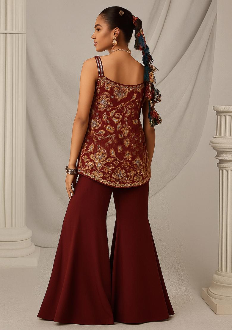 Maroon Printed Velvet Kurta Set - Indya