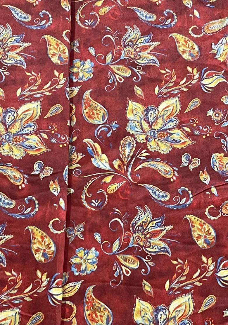 Maroon Printed Velvet Kurta Set - Indya