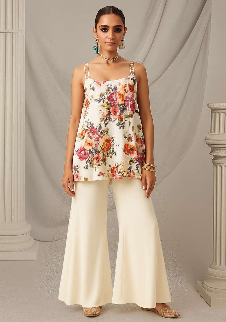 Off White Floral Print Rayon Sharara Set - Indya