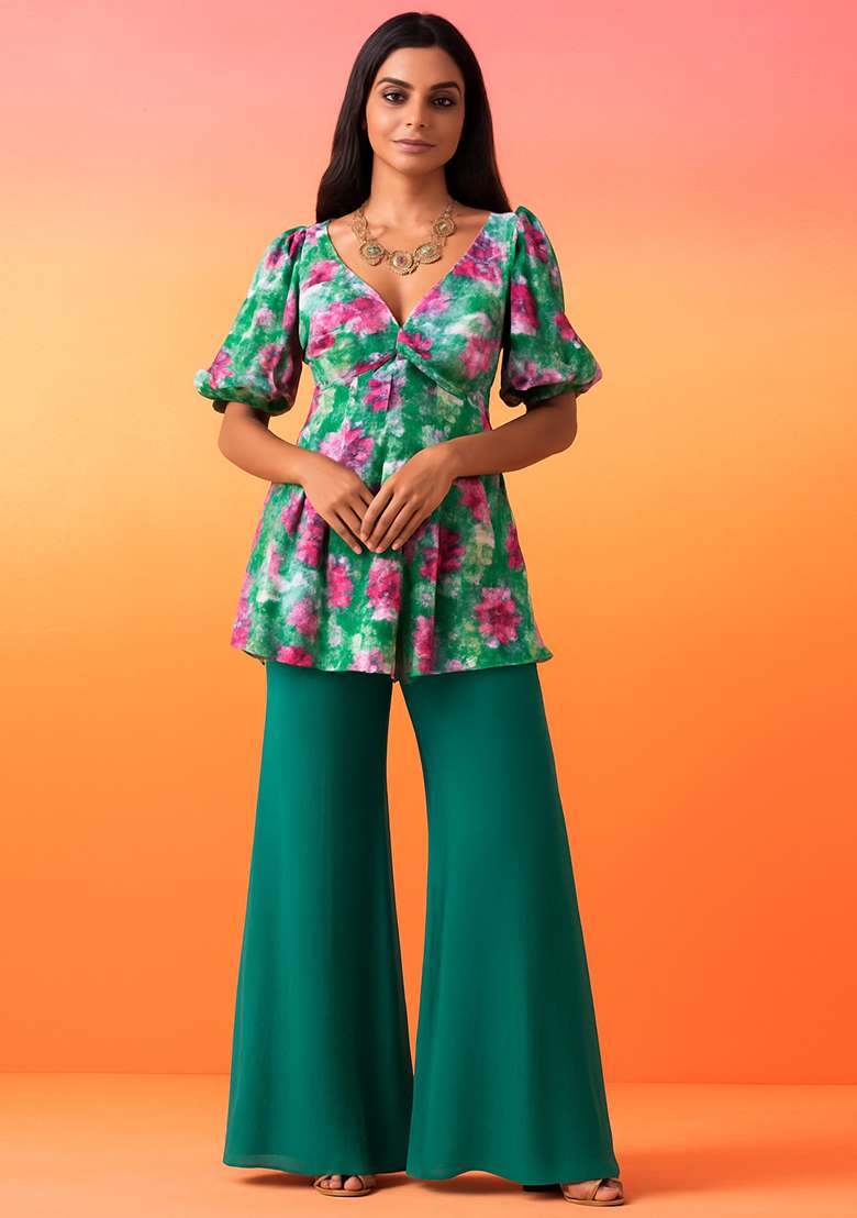 Green Floral Print Georgette Co Ord Set - Indya