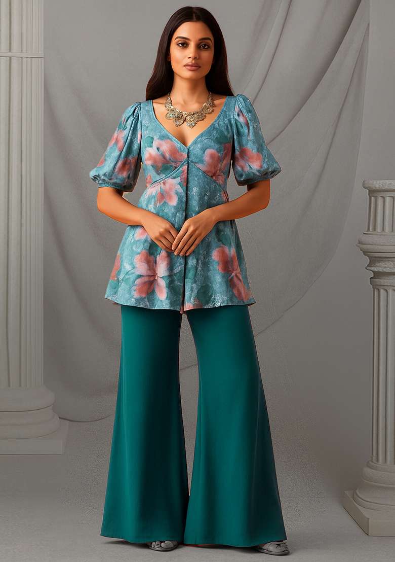 Ocean Blue Floral Print Georgette Sharara Set - Indya